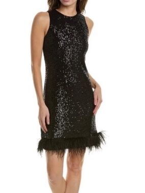 NEW Taylor Sequin Dress Feather Trim Cocktail Flapper Style Black Size 10